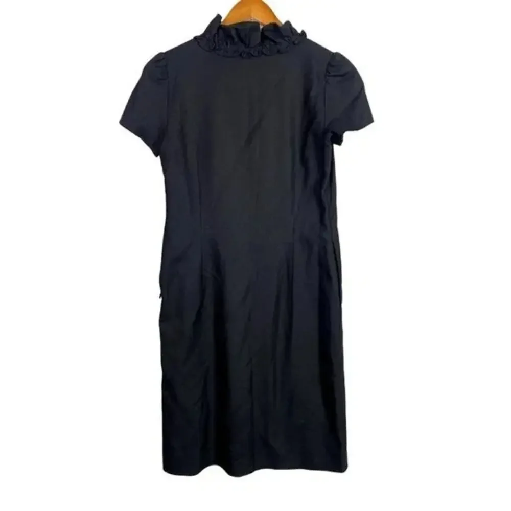 J. Crew Madeline Ruffle Collar Wool Short Sleeve Dress Pockets Side Zip 2 Black